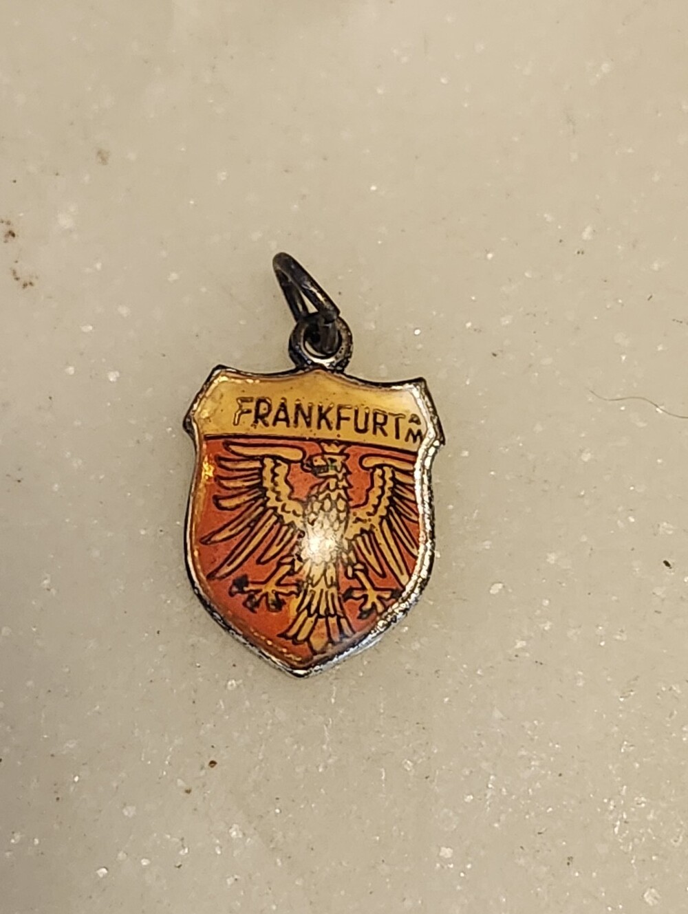 Vtg Frankfurt Shield Enamel Charm Pendant in Orange and Gold